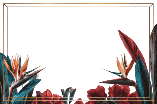 Dark Background with Vibrant Tropical Flowers and Gold Frame - Powered by Adobe