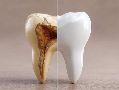 healthy tooth and one with visible brown cavity