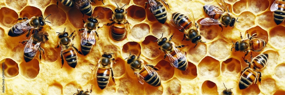 Poster industrious teamwork bees collecting nectar and building honeycomb structure for fresh honey