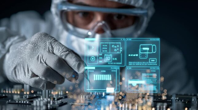 Innovative Technician at Work: A dedicated technician, immersed in advanced technology, delicately adjusts a transparent display panel over intricate circuit boards.