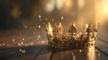 Opulent Golden Crown with Jewel Detail on Wooden Surface Still Life. Ai Generated Images