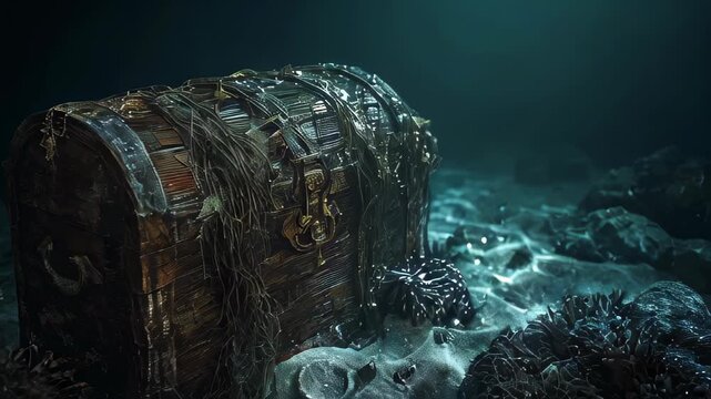 An ancient chest with gold at the bottom of the ocean