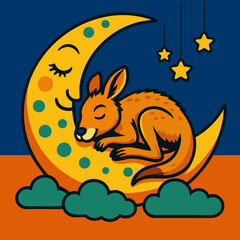 Cute Sleeping Kangaroo on Crescent Moon – Cartoon Night Sky Illustration