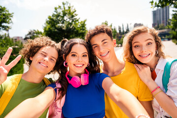 Group of cheerful young friends taking a selfie together outdoors on a sunny day embracing friendship and fun moments