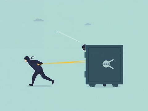 Minimalist flat style illustration of a thief pulling a safe with a rope in a playful, cartoonish design