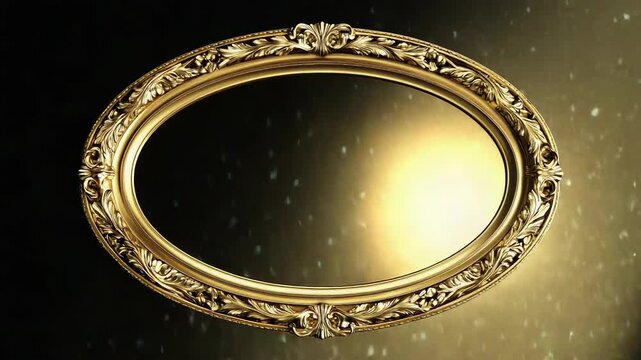 Golden oval frame shining on black background