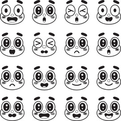 Animated face expressions silhouette.  cute emoji faces, comic character reaction, emotions icons, funny eyes and mouth elements for animation, 