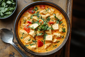 Chicken Tikka Masala Curry Served in Bowl, Ready to be Eaten and Enjoyed Photo.