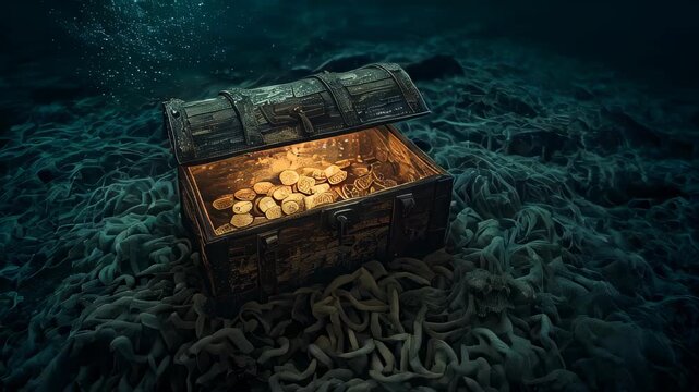 An ancient chest with gold at the bottom of the ocean