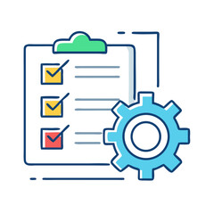 A checklist with marked boxes and horizontal lines paired with a blue gear on a white background image