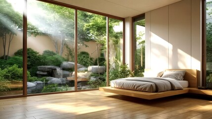 Fototapeta premium Interior bedroom view with large windows showcasing waterfall and forest landscape; cozy, natural light, serene, modern design, nature retreat