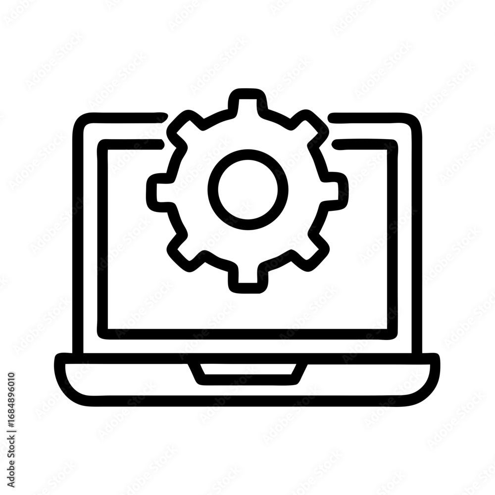 Aufkleber laptop displaying a gear icon on its screen representing settings or configuration process in outlin