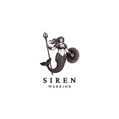 Naklejka premium powerful siren or mermaid warrior holding a trident and a shield engraving illustration vector