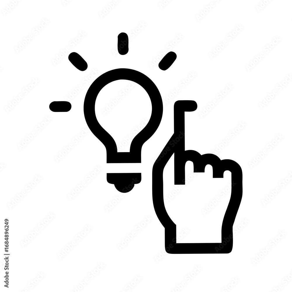 Poster illustration of a lightbulb emitting rays next to a hand with the index finger pointing upwards