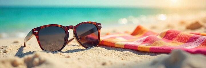 Relaxing beach scene with stylish sunglasses left on the sand, next to a vibrant beach towel, under the summer sun  Perfect for travel, summer, vacation, and holiday themes , getaway, heat, holiday