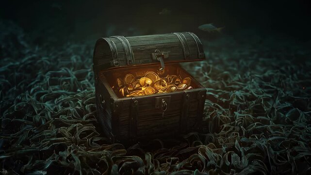 An ancient chest with gold at the bottom of the ocean