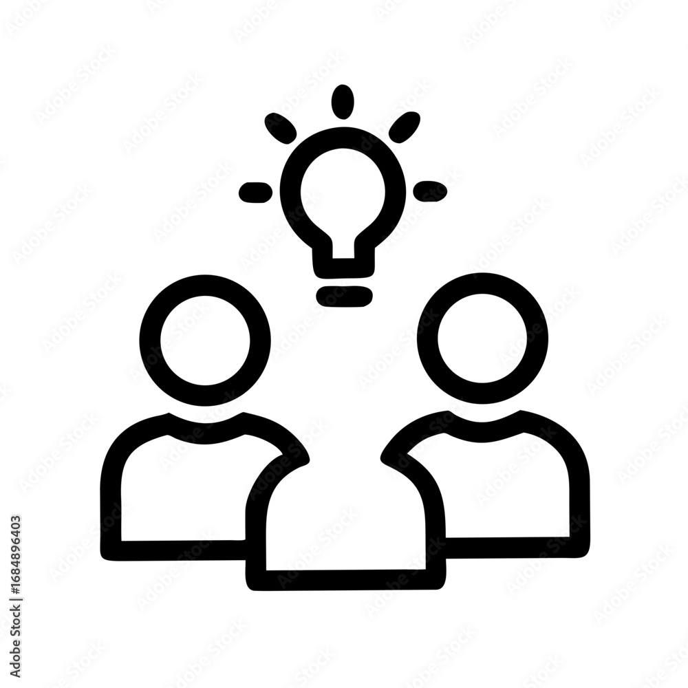 Poster icon showing team collaboration with lightbulb idea above their heads in a simple black outline styl