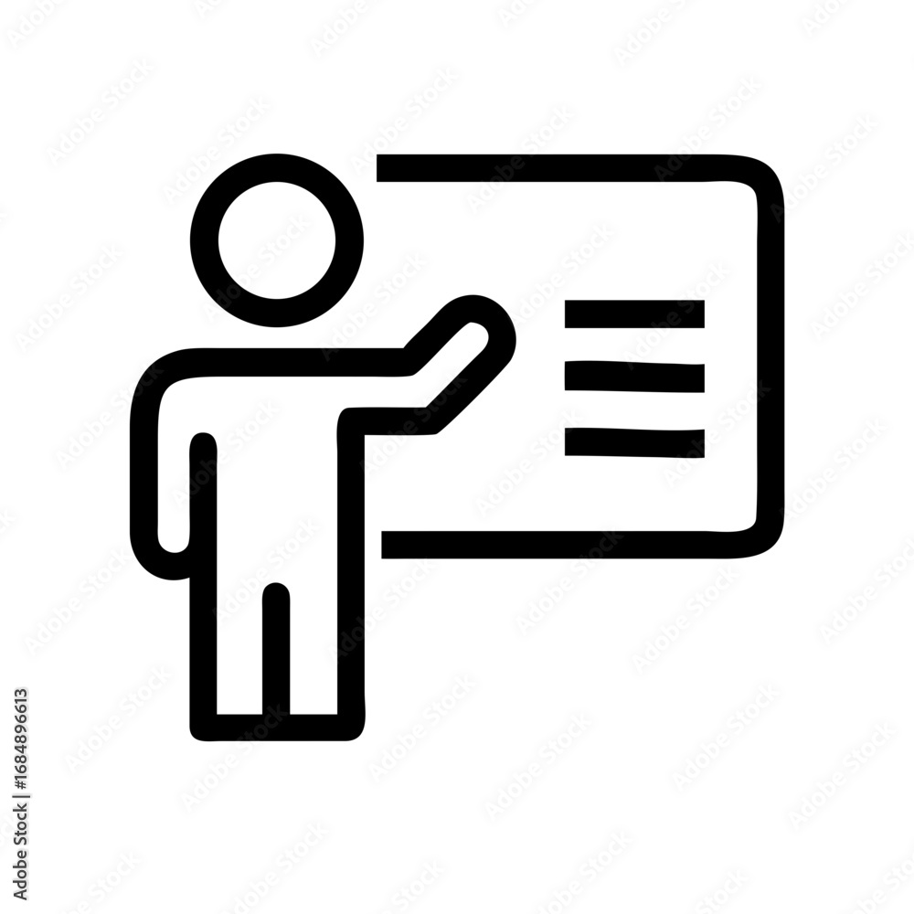 Poster a person presenting information on a board with three lines representing text in a minimalist style 