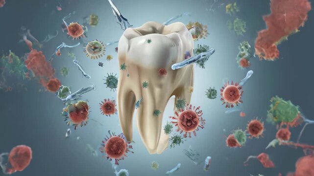 Tooth surrounded by germs on an isolated background as a concept of poor oral hygiene
