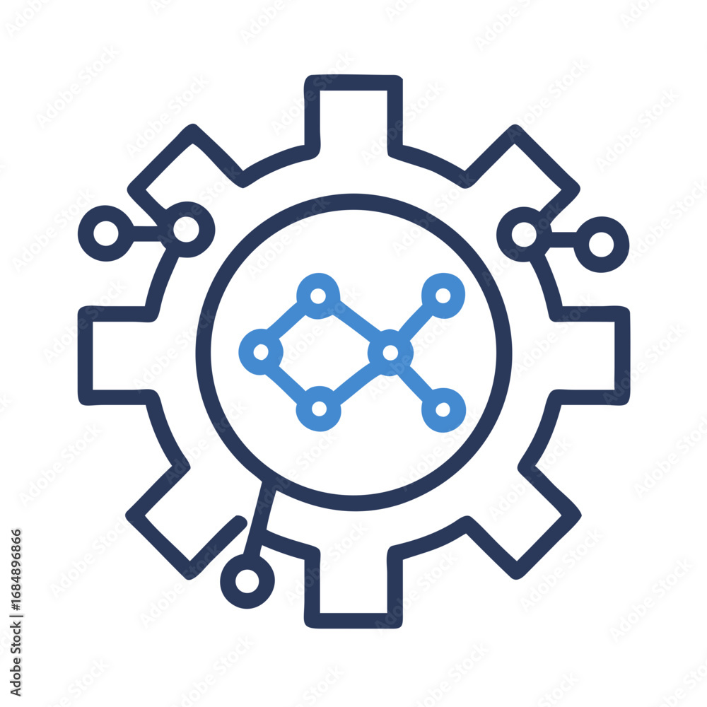 Aufkleber illustration of a gear outline with a network diagram inside and connected nodes around it design