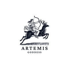 Obraz premium illustration of the Greek goddess Artemis (or Roman Diana) as a huntress, riding a deer with a bow drawn