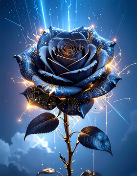 Futuristic Black Rose with Golden Circuitry and Glowing Light Beams