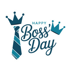 Boss&rsquo;s Day greeting design with blue crown icons, striped necktie, and bold typography on clean background for workplace appreciation