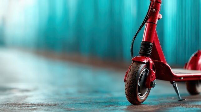 A striking red scooter stands prominently on a glossy surface, emphasizing its sleek design and vibrant color against a blurred turquoise background. - Powered by Adobe