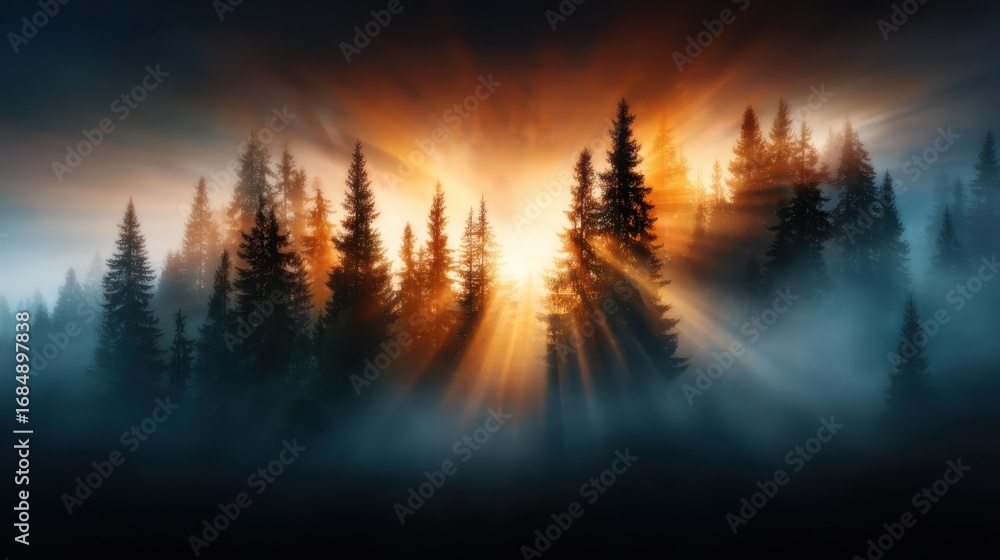 Aufkleber a breathtaking view of a misty forest as the sun rises, casting rays through the trees and creating 