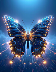 Futuristic Butterfly with Black Wings, Golden Circuitry, and Glowing Light Beams
