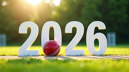 Cricket ball splits bold 2026 on wooden outdoor pitch.