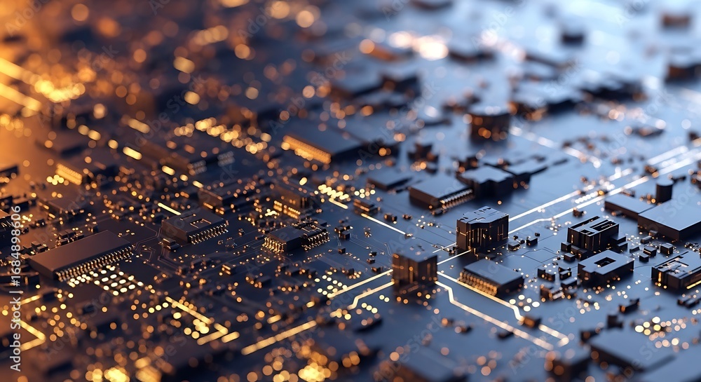 Poster a close up of a motherboard with glowing lights and intricate circuit patterns