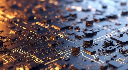 A close up of a motherboard with glowing lights and intricate circuit patterns