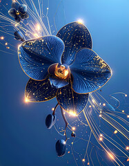 Futuristic Orchid with Black Petals, Golden Circuitry, and Glowing Light Beams