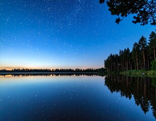 夜明け前の湖に広がる星空と森のリフレクション