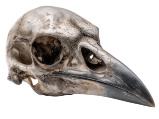 Detailed raven skull with sharp beak and aged bone texture, gothic occult symbol isolated on transparent background
