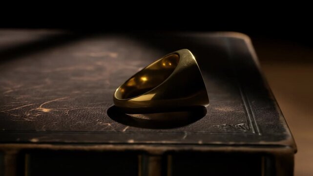 Close-up of a gold signet ring with crest on a vintage leather book, concept for heritage and history, dark lighting