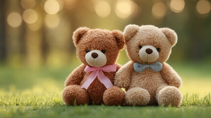 Obraz premium Soft Focus Two Cute Teddy Bear Dolls Sitting on Green Grass. Ai Generated Images