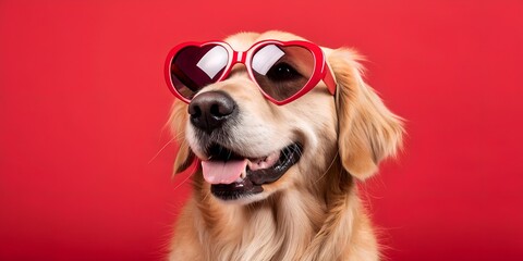 Happy Golden Retriever Wearing Heart-Shaped Sunglasses