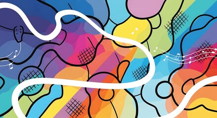 Vibrant abstract composition with musical notes, geometric shapes, and bold color blocks.