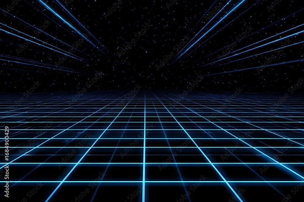 Aufkleber a dark background with grid lines and a glowing blue light in the distance.