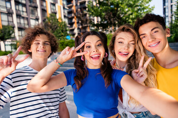 A group of cheerful teenagers enjoying a sunny day outdoors, showing peace signs and capturing memorable moments together