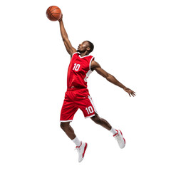 African male athlete dunking basketball in red uniform isolated on transparent background