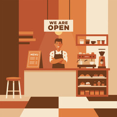 A friendly barista stands in his coffee shop ready to serve customers