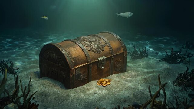 An ancient chest with gold at the bottom of the ocean