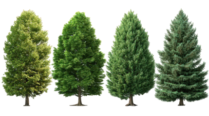 Four Different Evergreen Trees in Various Shades of Green on Transparent Background