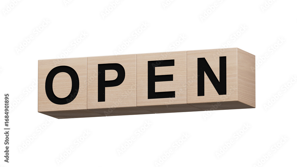 Poster open.wooden cubes spelling.flat lay view from above on orange background with wooden cubes buttons.i