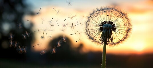 Naklejka premium Dandelion Silhouette Seeds Dispersing in a Golden Sunset, Capturing Nature s Abstract Beauty