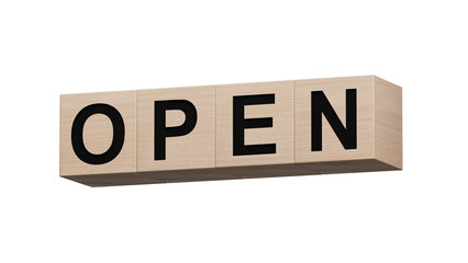 Open.wooden cubes spelling.Flat lay view from above on orange background with wooden cubes buttons.IT technology concept.Supports PNG files with transparent backgrounds.