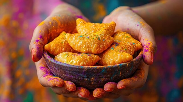 Holi Celebration with Traditional Indian Sweets as Gujiya and Colors.